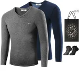 V-Neck Fleece-Lined 2 Pack (Dark Gray+Navy Blue) with 2 Pack Socks+Shopping Bag Included