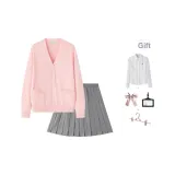 Pink Sweater+Solid Color Pleated Skirt (Gray), Comes with Shirt+Accessory