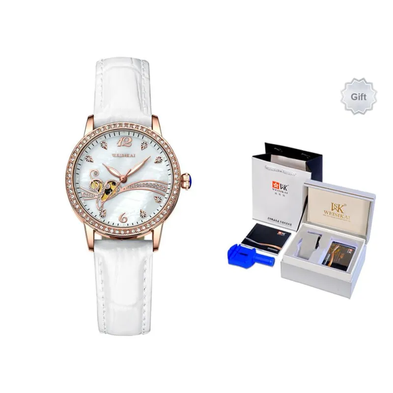 WSK Automatic Mechanical Movement Cowhide Strap Watch Women's Watch Green Dial-12