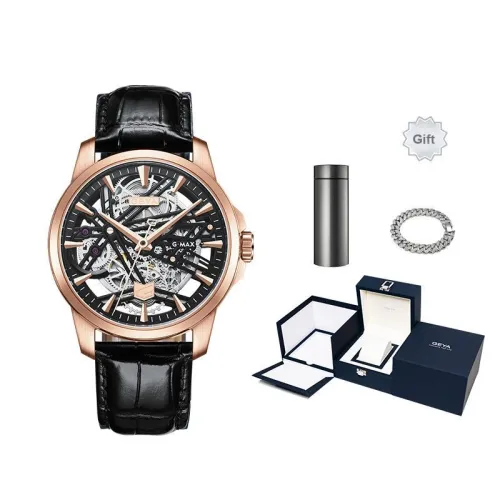GEYA G MAX Collection Automatic Mechanical Movement Genuine Leather Strap Watch Men's Watches Cut Out Dial