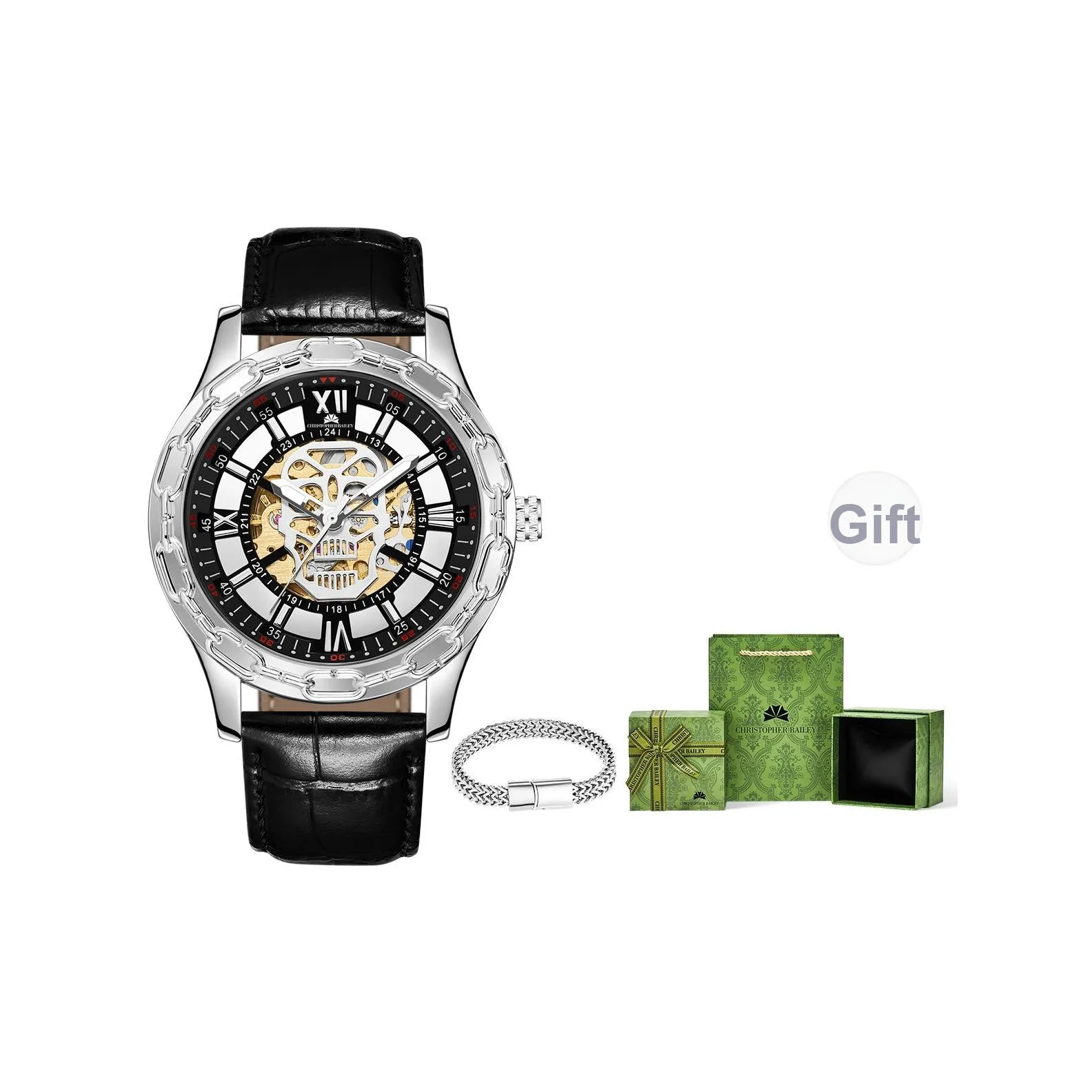 Corriberty Механическое механическое часы с натуральной кожей ремень мужские часы циферблат с открытым механизмом