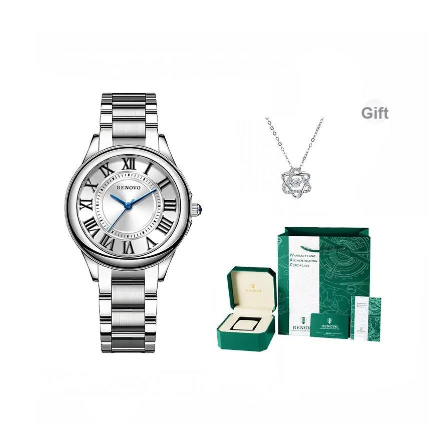 RENOVO Кварцевый механизм нержавеющая сталь ремешок часы женские белый циферблат