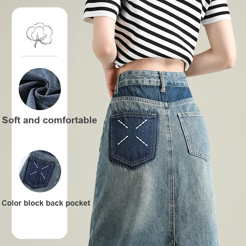 FAWENXIANGZI Denim Long Skirt Women's Vintage Blue-4