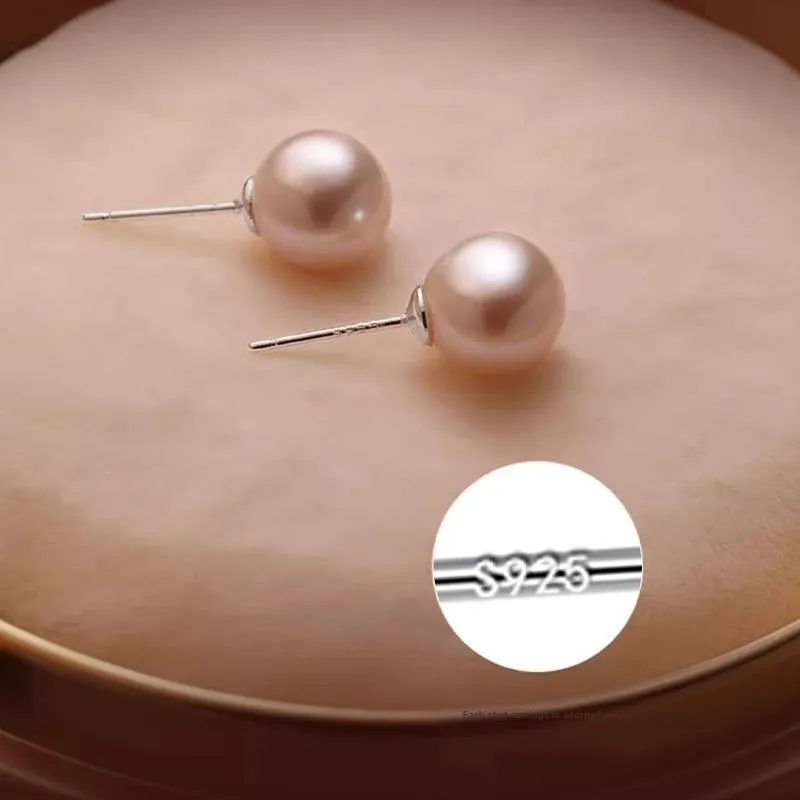 Lang Wind S925 Silver, Freshwater Pearl Stud Earrings Women's-5