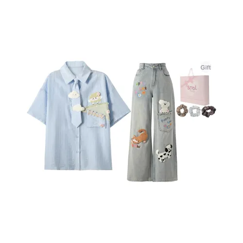 SNBL Повседневный костюм овца на газоне женские рубашка + джинсы