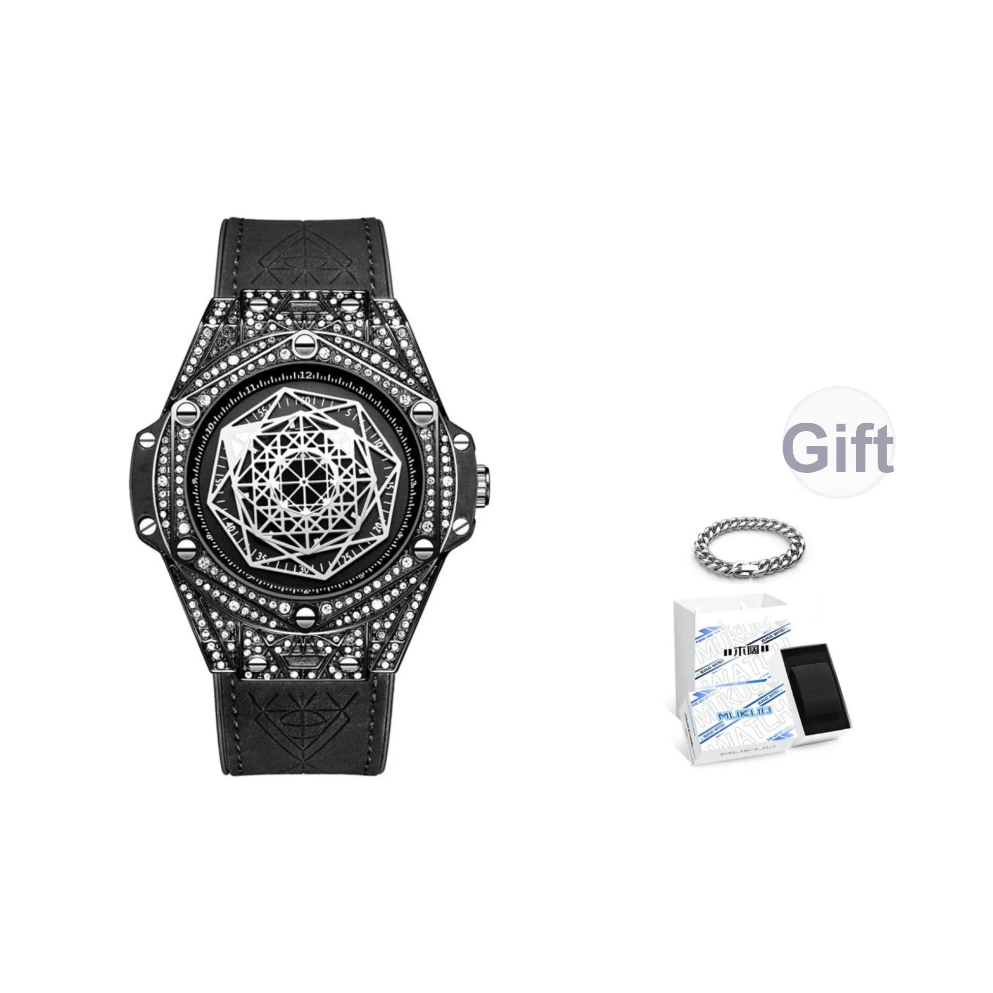 MUKUO Hip Hop Позиционирование стиля Big Взрывной Стразы Украшенный Ободок Кварцевый механизм Часы Унисекс Черный циферблат