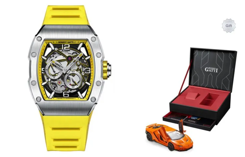 BONEST GATTI Phantom Time Automatic Mechanical Movement Rubber Strap Watch Men's Watches Yellow Watch Dial-0