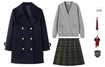 Tokyo Season Uniforms Women's Dark Blue Coat Lining Padded+Carbon Gray Cardigan, Comes With Checkered Skirt+Tie+Badge