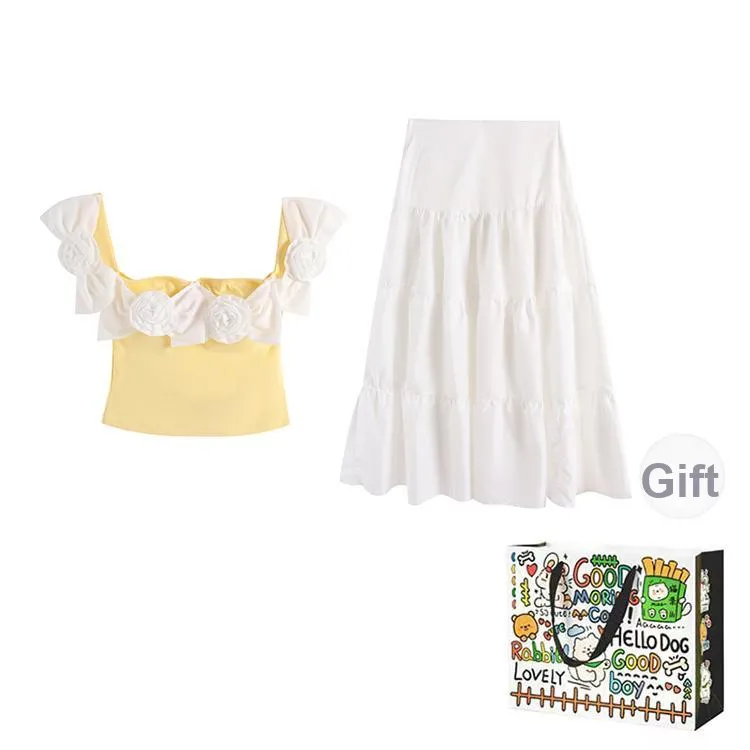 ZVJH Skirt Set Women's Yellow Top/White Skirt