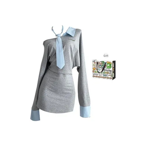 DEDY Длинное платье с длинными рукавами женское светло-серое