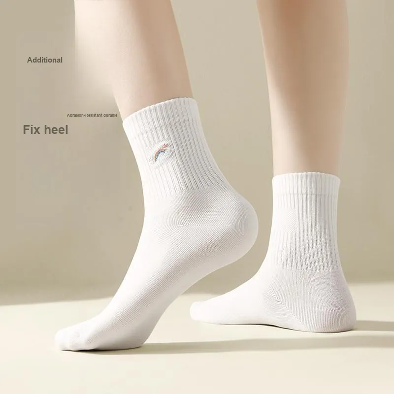 H YXIANG Mid Calf Socks Women's 5 Pack White-3