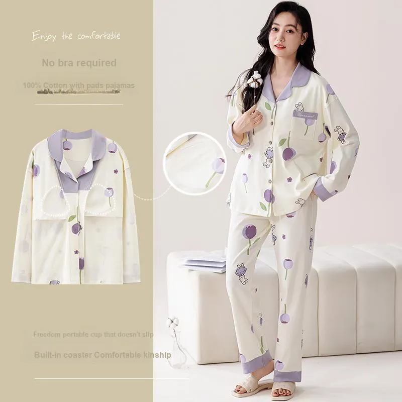 Pretty Lady Pajama Set Women's Beige White Purple Bunny-1