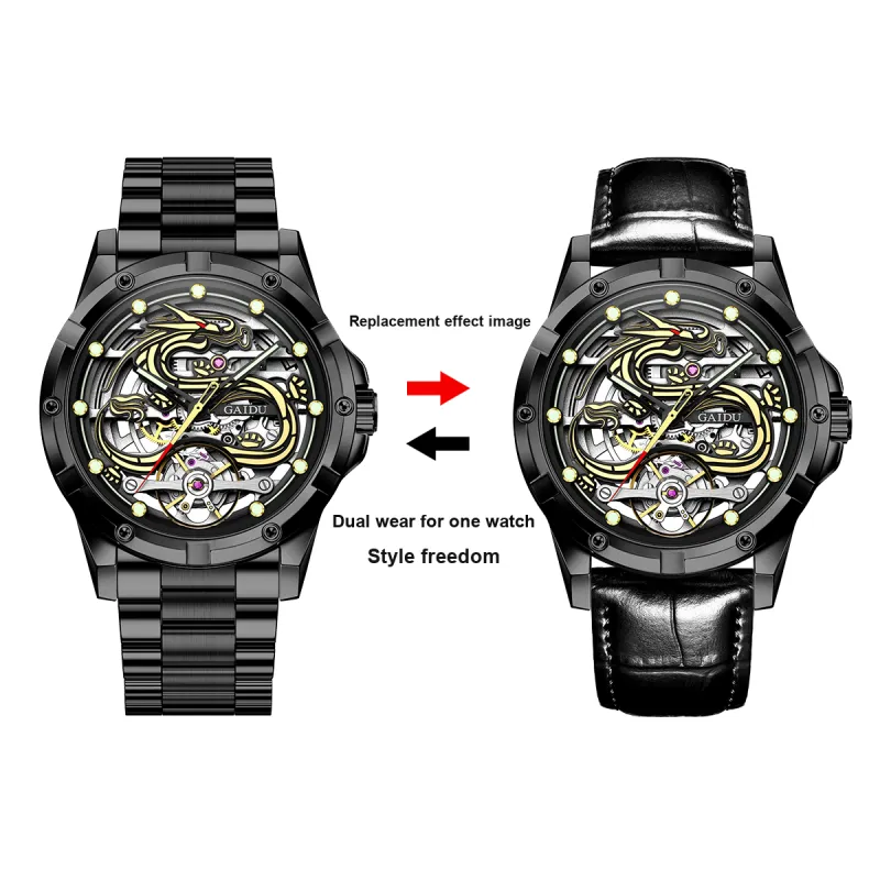 GAIDU Automatic Mechanical Movement Steel Strap Watch Men's Watches Black Dial-8