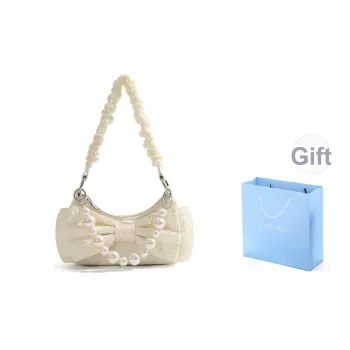COLINS KEIRS Nylon High Texture Small Bag, Pearl Chain, Shoulder Bag, Crossbody Bag Handbag Regular Women's Ecru