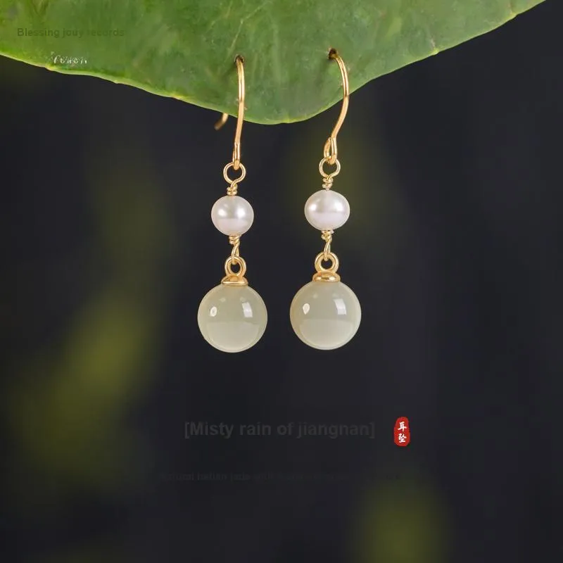 Fu Ru Ji Hetian Jade Earrings Pale Greenish White Jade Women's-1