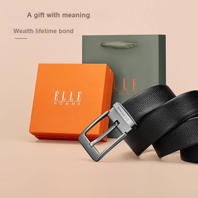 ELLE HOMME Top Grain Cow Leather Premium Comfortable Belt, Premium Gift Box Set Men's Gunmetal Width 3.8cm-1