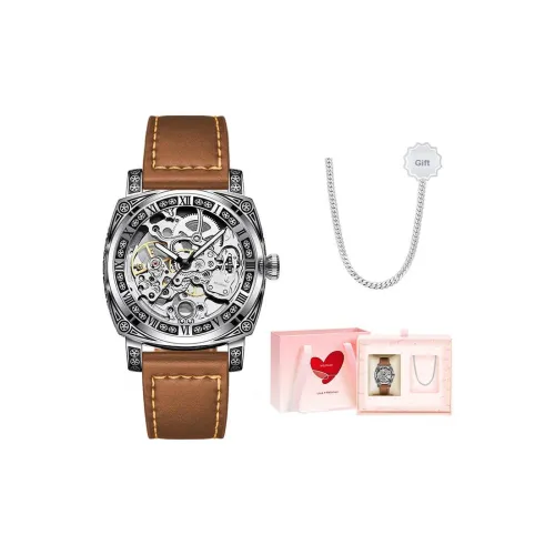 MELSMAO Механические часы Кожаный ремешок Мужские часы Черный циферблат