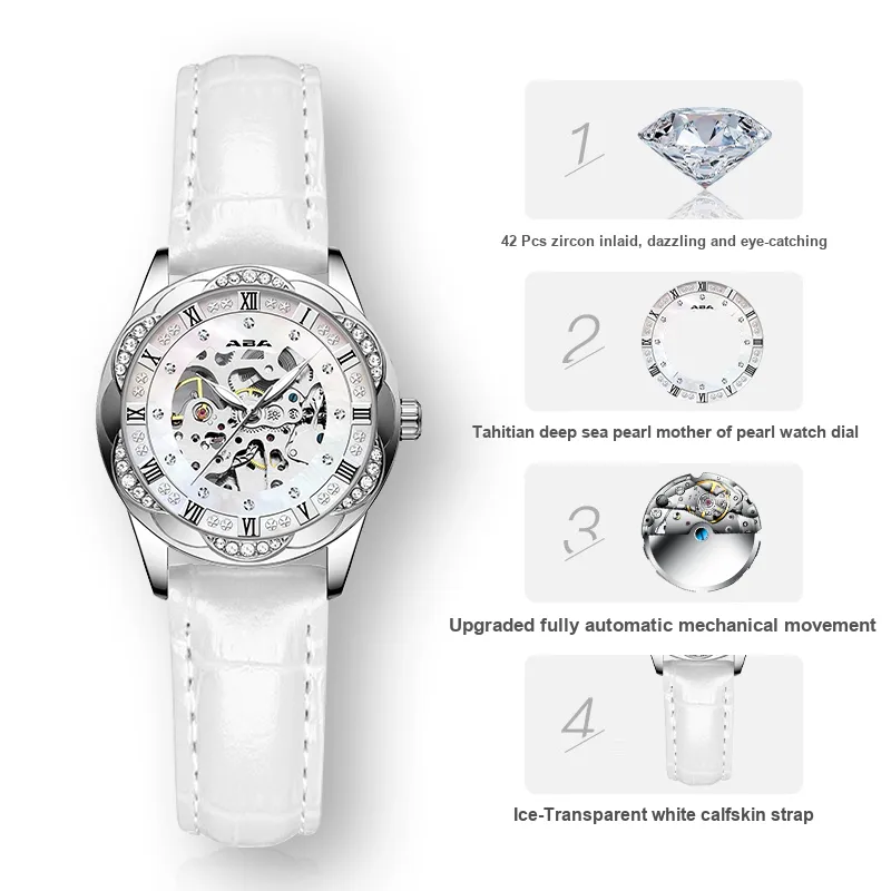 ABA Automatic Mechanical Movement Watch Women's Watch White Dial-2
