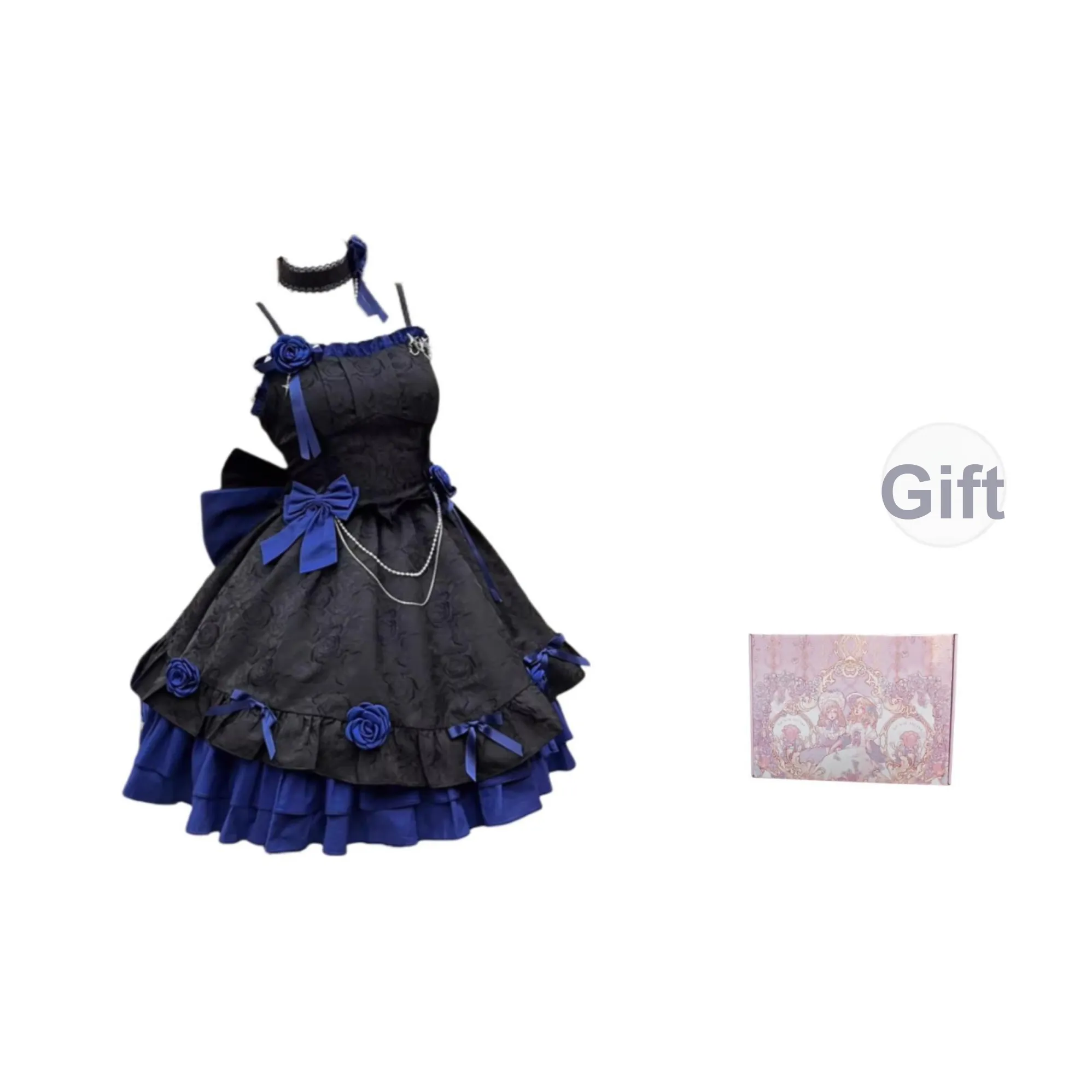 WLEQK Черная и Синяя Юбка + Коробка Женские Лолита Платья