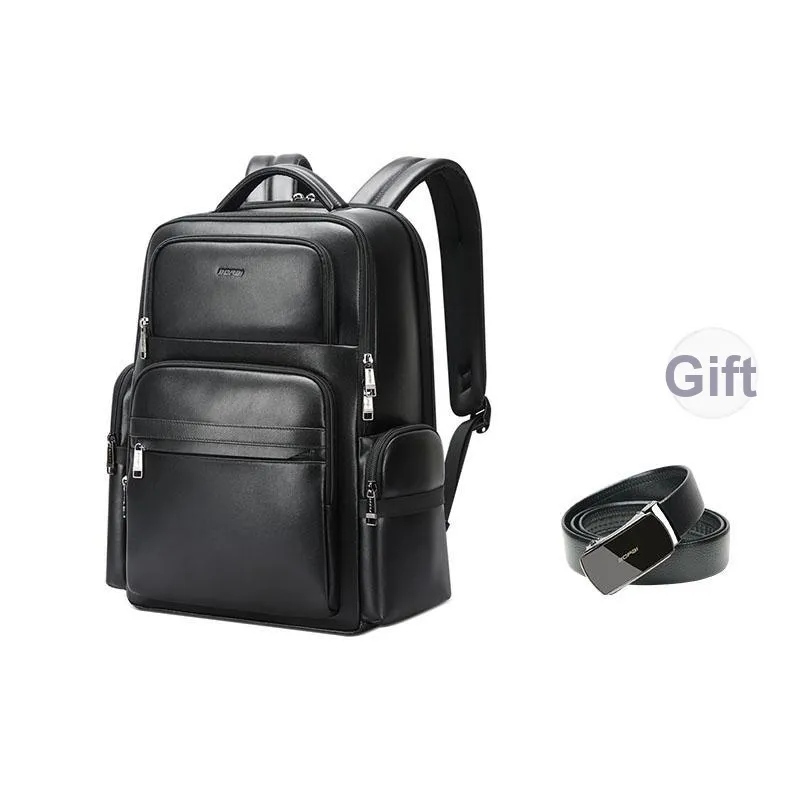 BOPAI Top Grain Cow Leather Laptop Backpack Large Size Men's Black