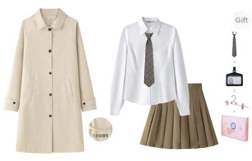 Tokyo Season Two Piece Skirt Sets Women's Set Khaki Trench Coats+Waist-Cut Shirts+Pleated Skirt Comes With Ties+Hanging Plates