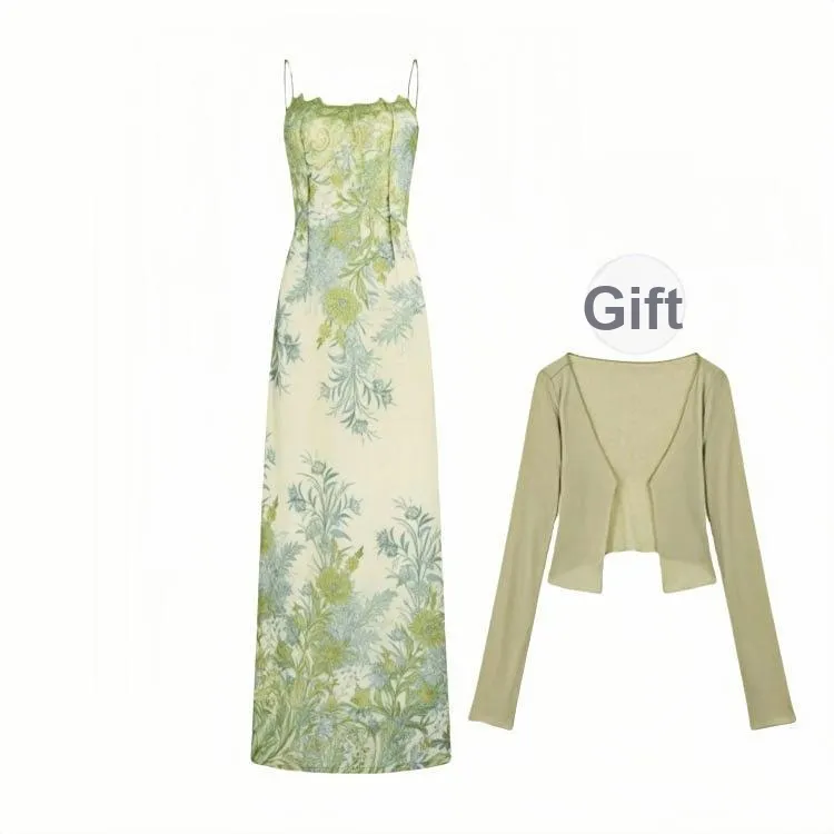 Nathania Зеленое Платье-камзол [Бесплатно Кардиган Включен] Женские Слиплатья