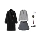 Black Coat+Culottes, Comes with Cardigan+Bow Tie+Belt+Badge
