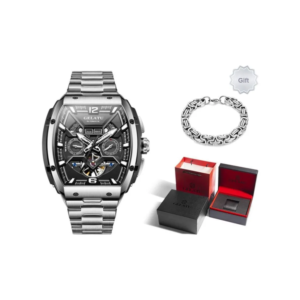 GELATU Mechanical Movement Stainless Steel Watchband Watch Men's Watches Black Dial