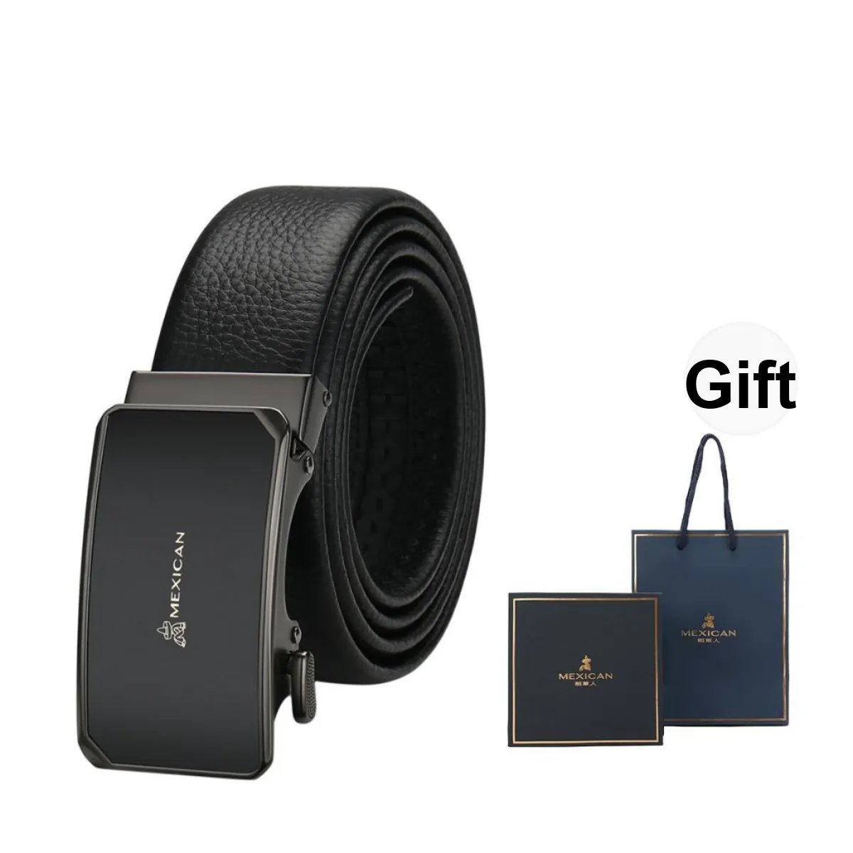 MEXICAN Mirror Finish Automatic Buckle, Inward Curling Hair Cow Leather Belts Men's 3.5cm Width