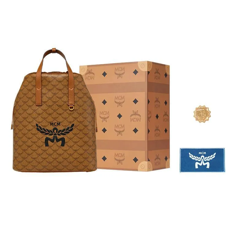 MCM Canvas With Leather Backpack Medium Size Men's Cognac Brandy Brown & Black-2