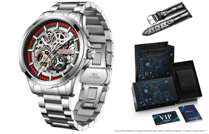 AILANG Automatic Mechanical Movement Men's Watches Red Watch Dial-0