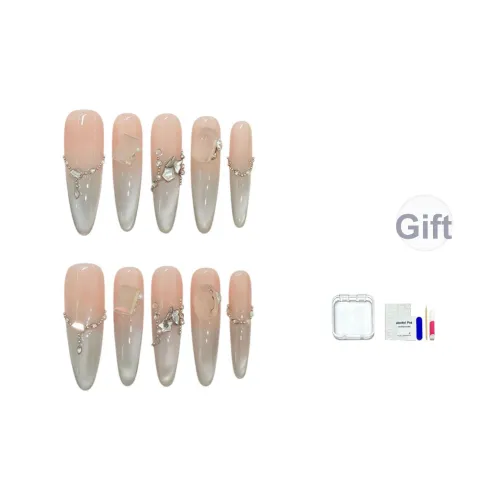 JINGCHANXUE Белый шоколад Луна Жемчужная цепочка с дроблеными бриллиантами False Nail Овал Длинный Серо-розовый Градиентный Кошачий глаз