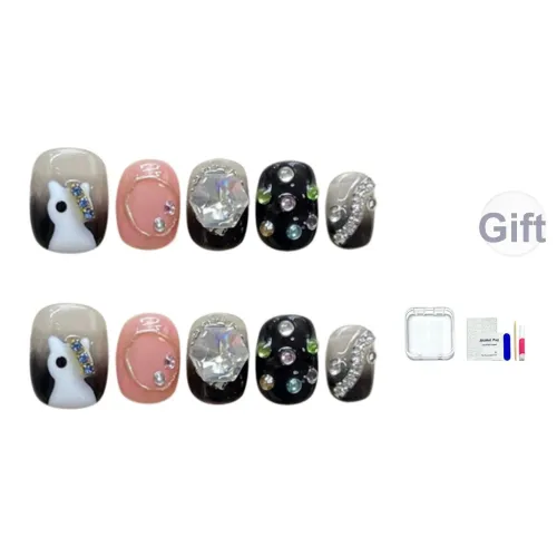 JINGCHANXUE Рука Разрисованная Кошка Гламурный стиль Девушка False Nail Короткий Квадратный And Круглый Сердце Ромб