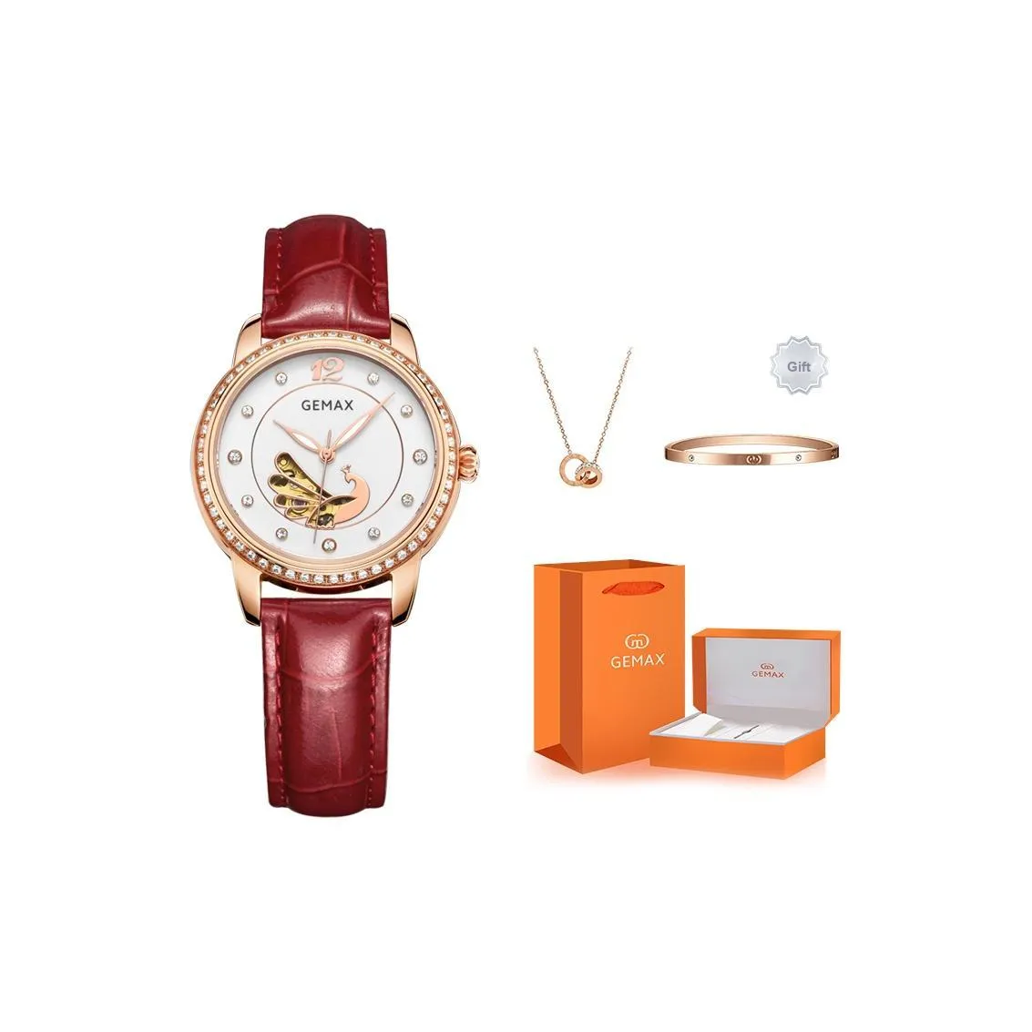 GEMAX Наручные часы Автоматический Механический Механизм Коровья кожа Ремешок Часы Женские Белый Циферблат