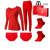 Women's 100% cotton Medium Thickness/Red 6 Pcs Gift Box Set (1 Crew Neck Long-Sleeved Top+1 Pants+2 Underpants+2 Socks) with Shopping Bag Included