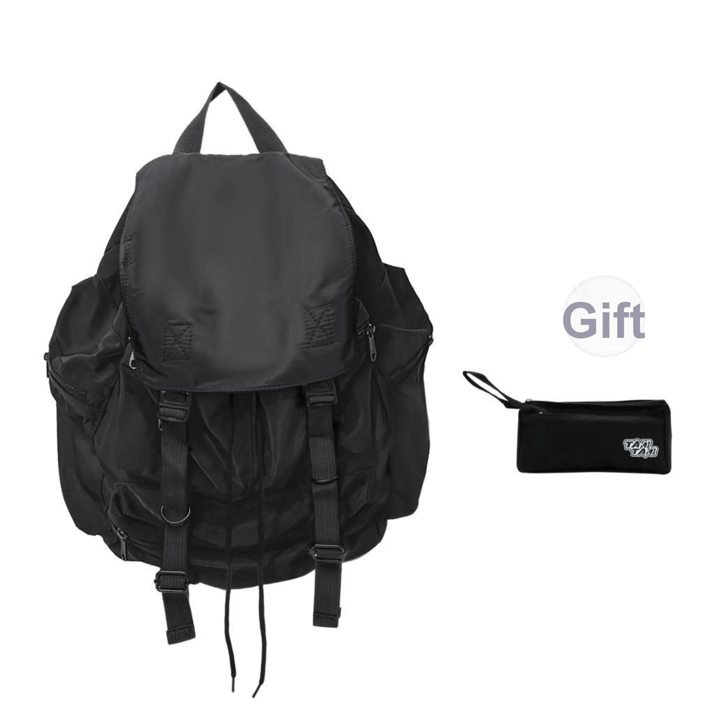 TAKI Fashion Casual Versatile Students Backpack Regular Nylon Unisex Couple's Version Black With Free Pen Pouch Unisex