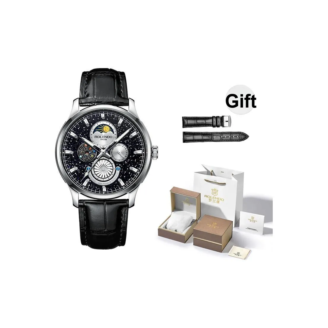 ROLENDO R Starry Series Мужские часы Автоматический механический механизм Коровья кожа Ремень Часы Мужские Черный циферблат