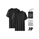 Crew Neck 2 Pack (Black+Black) with 2 Pack Cotton Socks+Shopping Bag