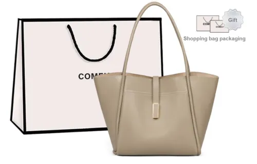 COMELY Cow Leather Patchwork Leather Tote Bag Shopping Bag Shoulder Bags Medium Size Women's Gray/Cookie