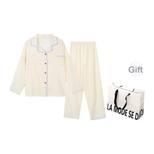 MEIJIAO Желтая клетка Одежда Sets [Письмо Сумка для покупок] Женские Пижамные комплекты