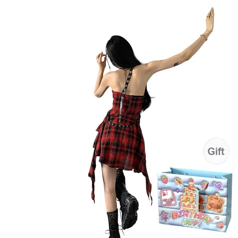 QUIET ANGEL Slip Dresses Women's Red Plaid Skirt Shopping Bag-1