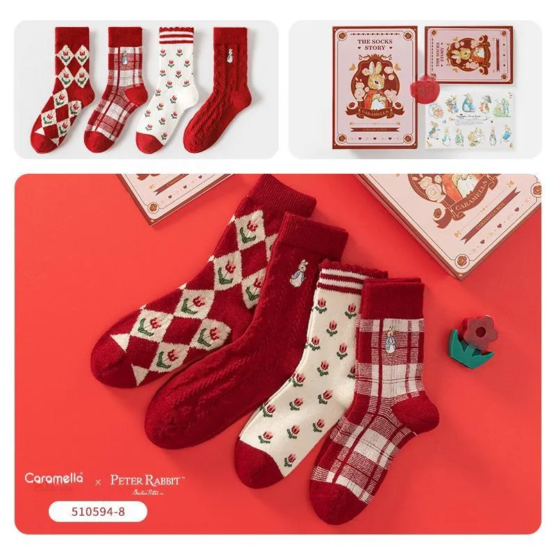 Caramella x Peter Rabbit Mid Calf Socks Unisex 6 Pack Red-27