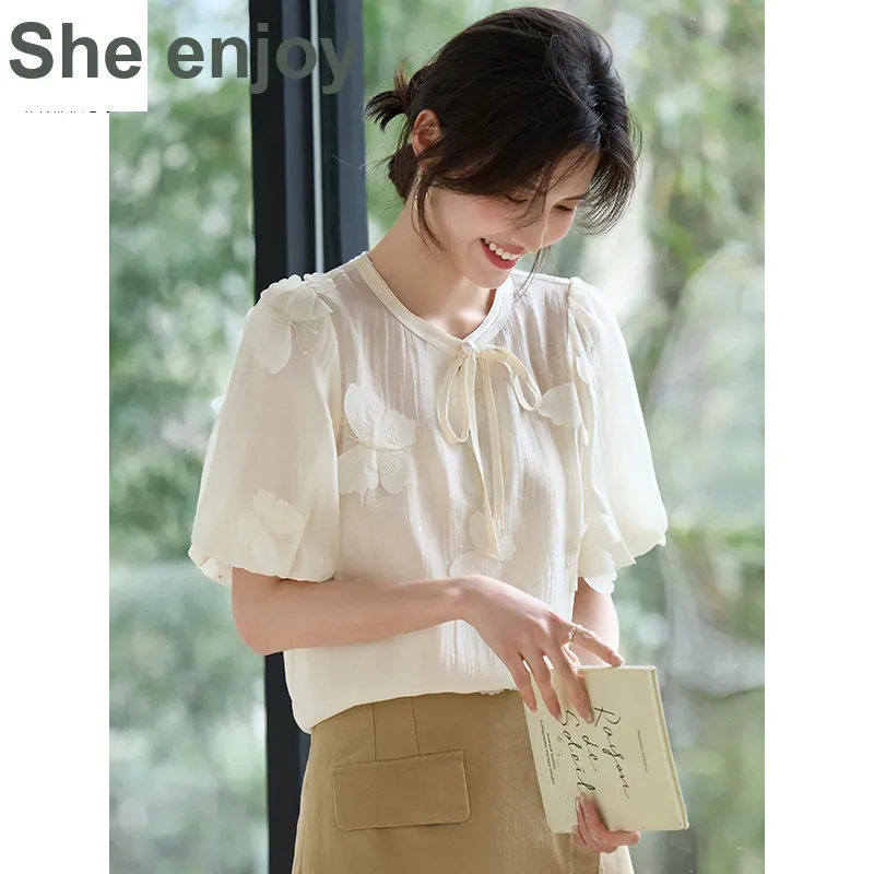 She Enjoys Chiffon Shirt Women's Milk White-5