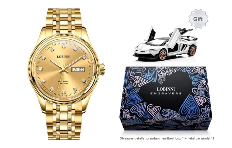 LOBINNI L Business Men's Watch Mechanical Movement Stainless Steel Watchband Watch Men's Watches Gold Dial-3