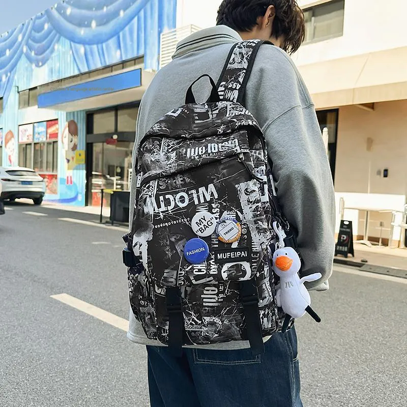Yalu Nylon Backpack Unisex Black/White/Gray-5