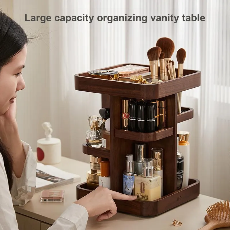 Initial Intention Cosmetics Storage Rack Rotatable Walnut Wood Solid Wood Rack-1