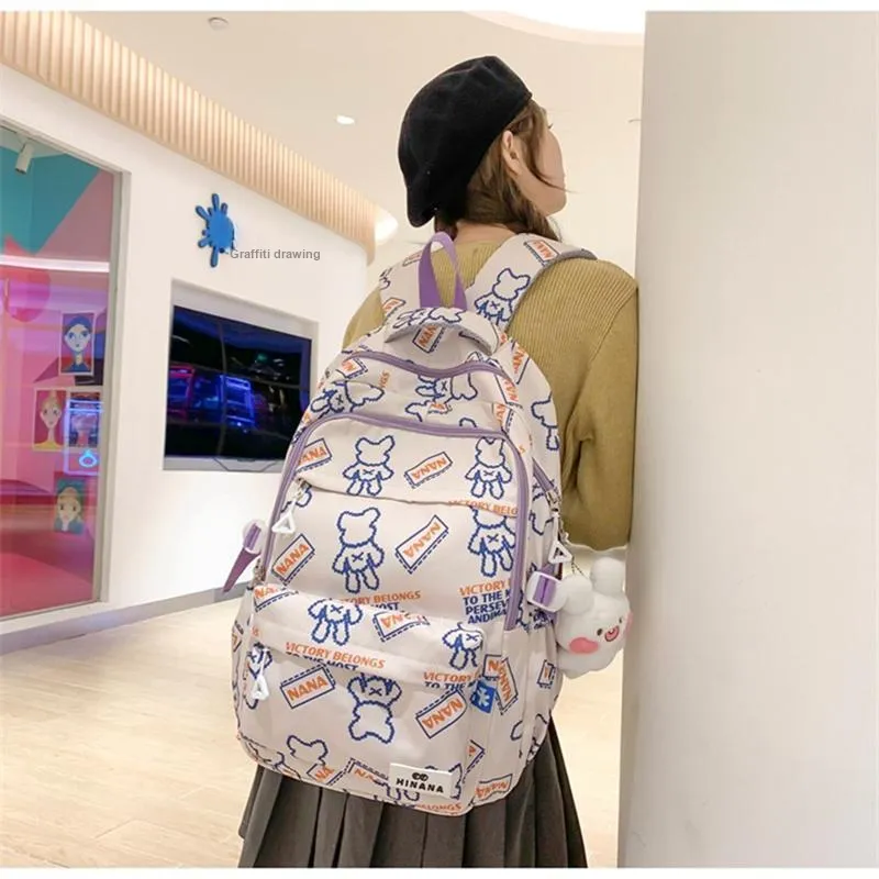 NX DOUGHNUT Nylon Backpack Regular Women's English Bear Ecru Heart Bear Pink Bear Black Bear Cow Pattern-3