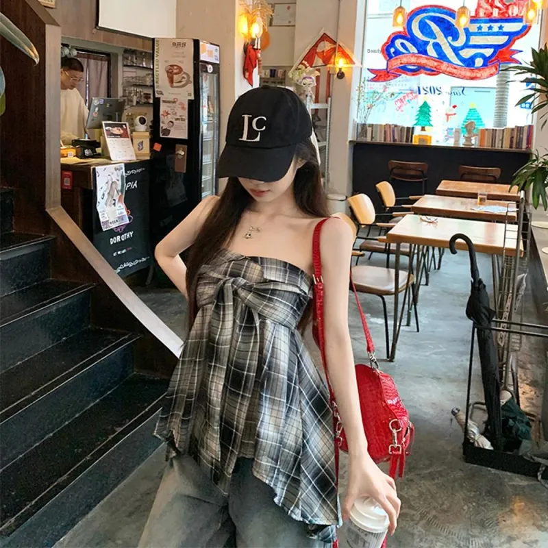 RTNH Summer Strapless Top Women's Black White Plaid-3
