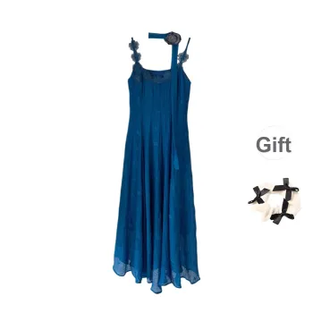 TURN UP Slip Dresses Women's Blue Includes Silk Scarf, Brooch, And Bowknot Hair Tie
