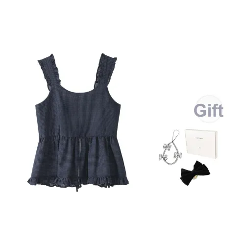 Fstudio Корейский стиль Сладкий стиль Атмосферный Верхняя одежда Клетка Топ Топ на бретелях Женский Темно-синий